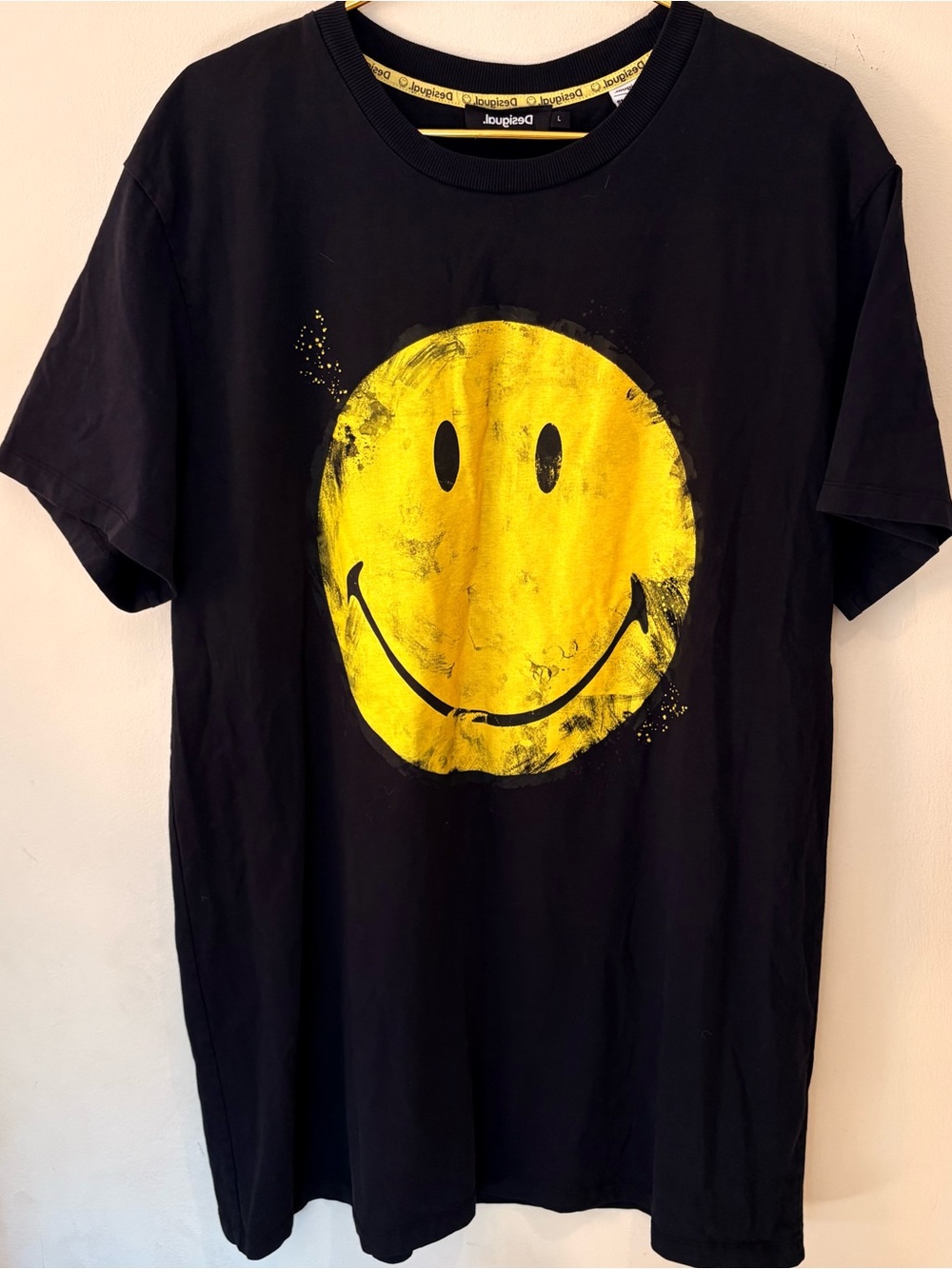 Desigual x Smiley Collab Black Tee with Yellow Smiley Graphic Sz L